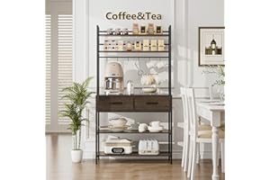 HITHOS Industrial 5-Tier Kitchen Bakers Rack with 2 Drawers, Microwave Oven Stand with Storage Shelves and Hutch, Kitchen Shelf with Storage, Coffee Bar for Living Room, Home Office, Dark Brown
