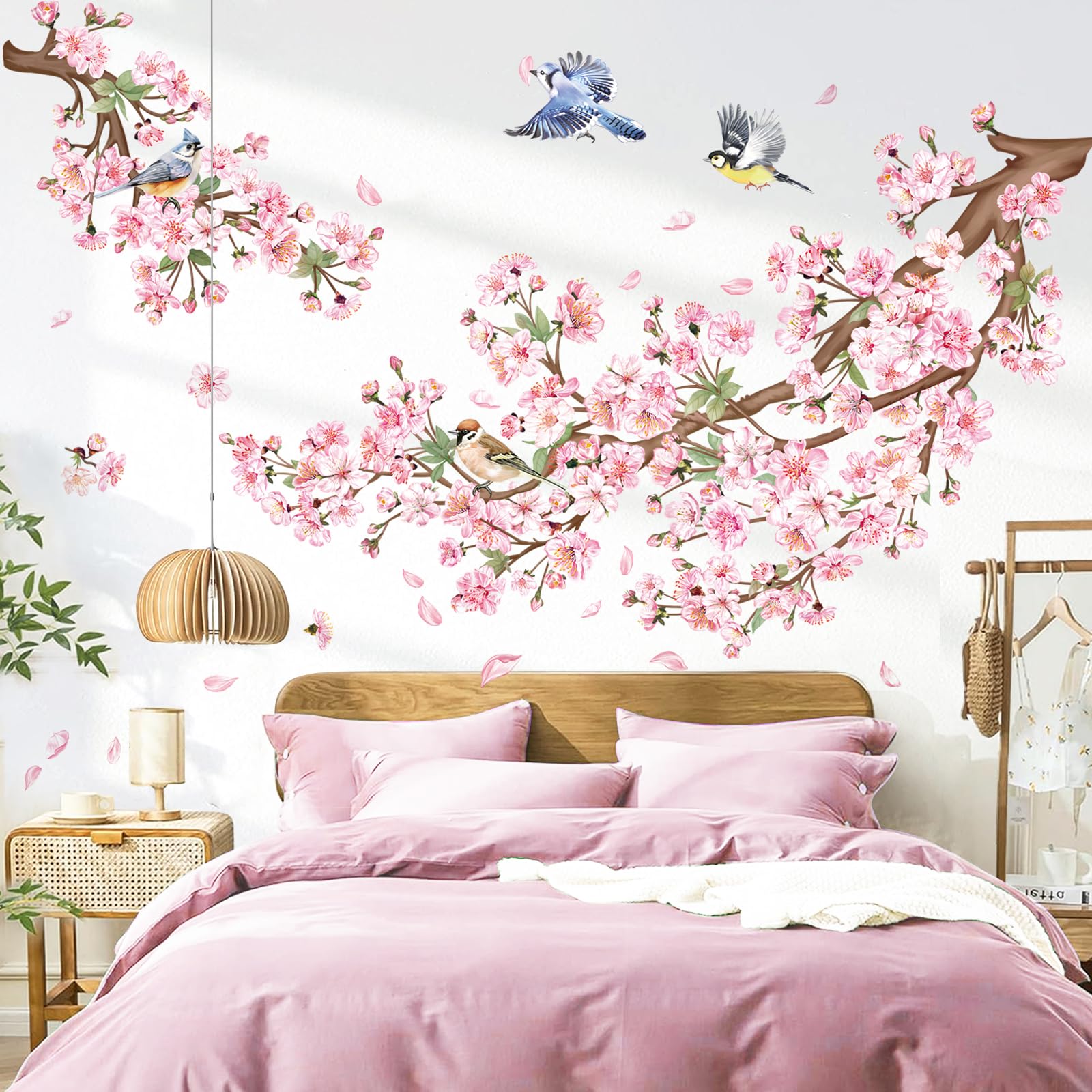 decalmile Cherry Blossom Branch Wall Decals Pink Floral Birds Wall Stickers Bedroom Living Room Sofa TV Background Wall Decor