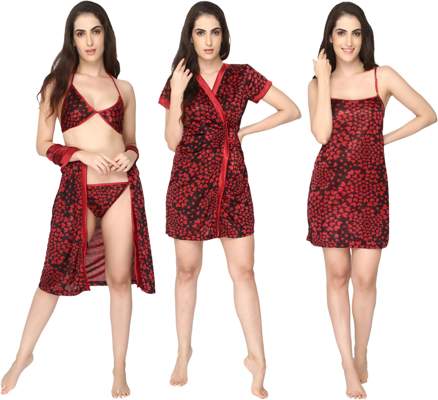 Pretty Awesome Bedroom Stylish & Fancy Satin 4 Pc Nighty/Nightdress/Loungewear/Honeymoon Wear/Hot & Sexy Babydoll Sets for Women/Girls (Free Size Nighties : 32-36 Bust)