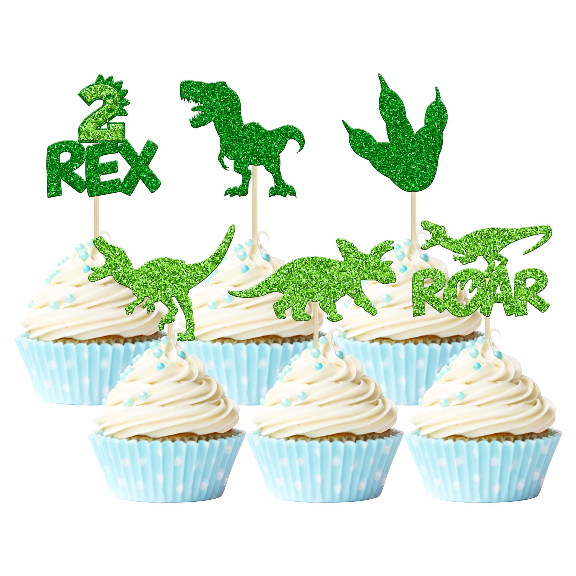 Gyufise 24Pcs Dinosaur Cupcake Toppers Green Glitter 2 Rex Roar Dinosaur Cupcake Picks Two Years Old Dino Theme Baby Shower Second Birthday Party Cake Decorations Supplies
