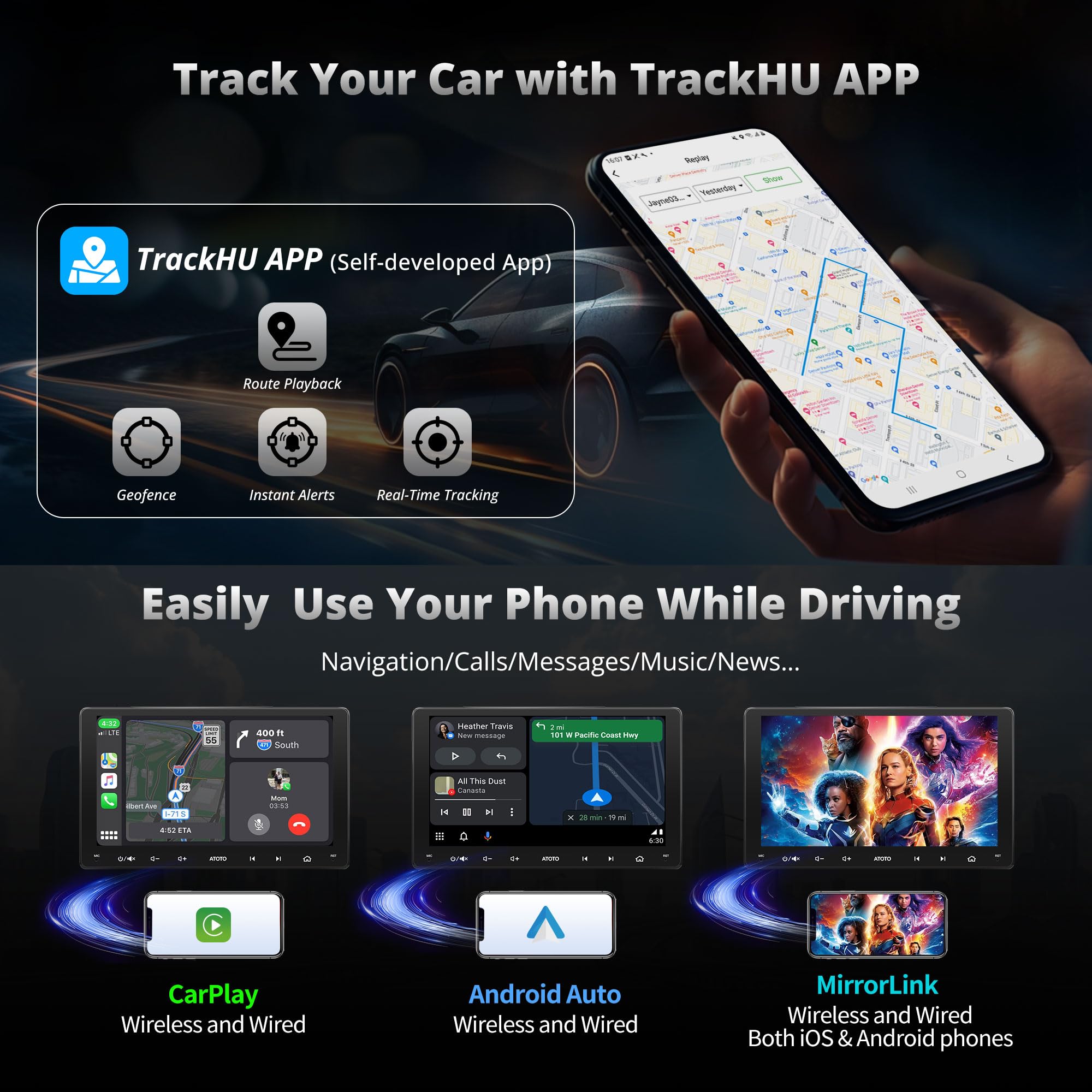 A6PF Plus 8-Core 4G+64G 9inch Android Double DIN Car Stereo, 4G LTE, WiFi/BT/USB, Wireless CarPlay & Android Auto QLED Touch Screen, Dual Bluetooth, 36-Band EQ DSP, AI Chat&GPS Tracking