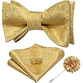 Hi-Tie Mens Selftied Bowties Lapel Pin Set Silk Solid Formal Bow Ties Pocket Square Cufflinks Sets for Wedding Tuxedo