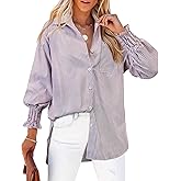 Gleeivy Womens Oversized Button Down Shirts Striped Smocked Cuff Long Sleeve Fall Blouses with Pocket Casual Collar Work Tops