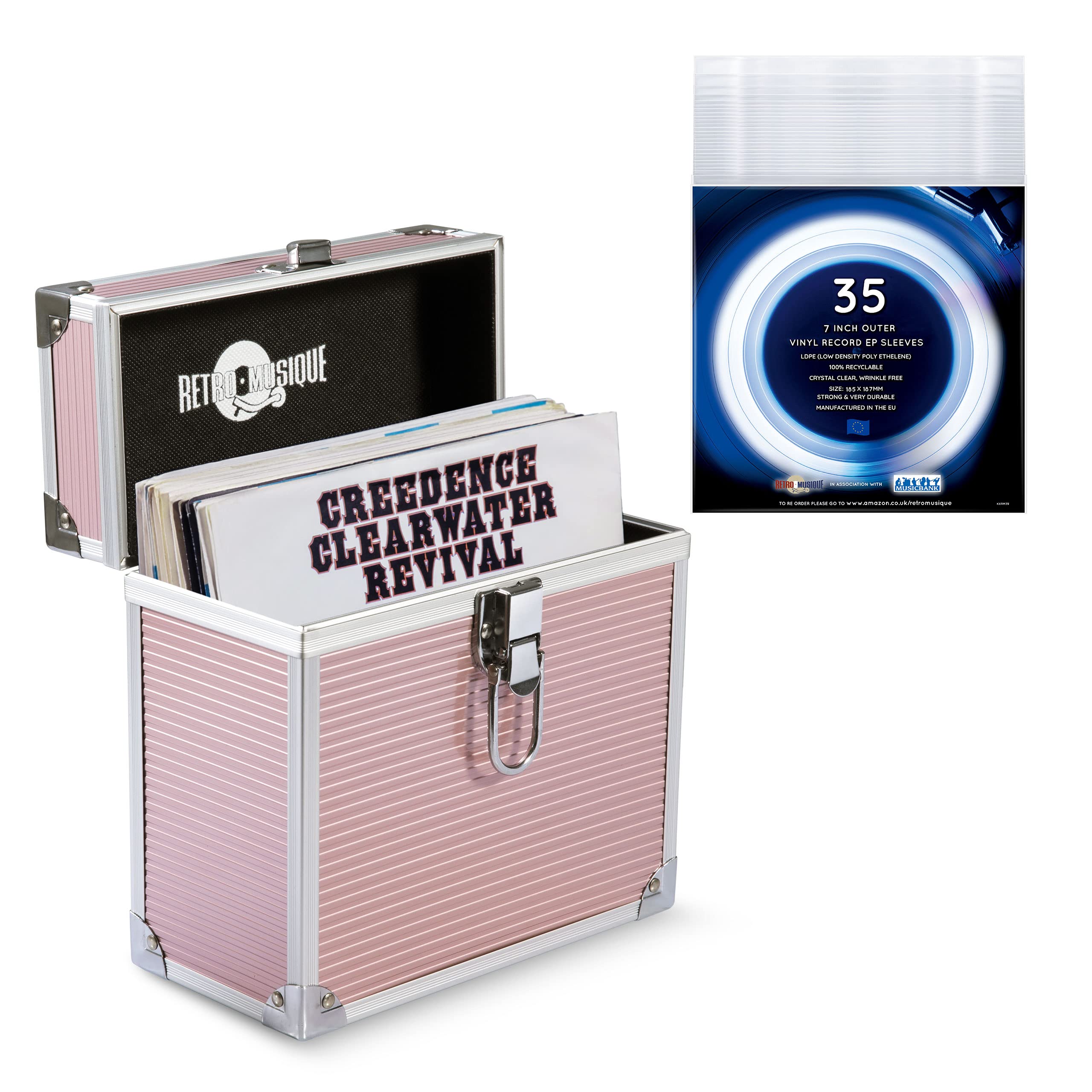 Retro musique Aluminium 7" Vinyl Record EP Storage Case Holds up to 35 EPs (in PVC Sleeves) Includes 35 Vinyl Record Outer Sleeves (Rose Gold)