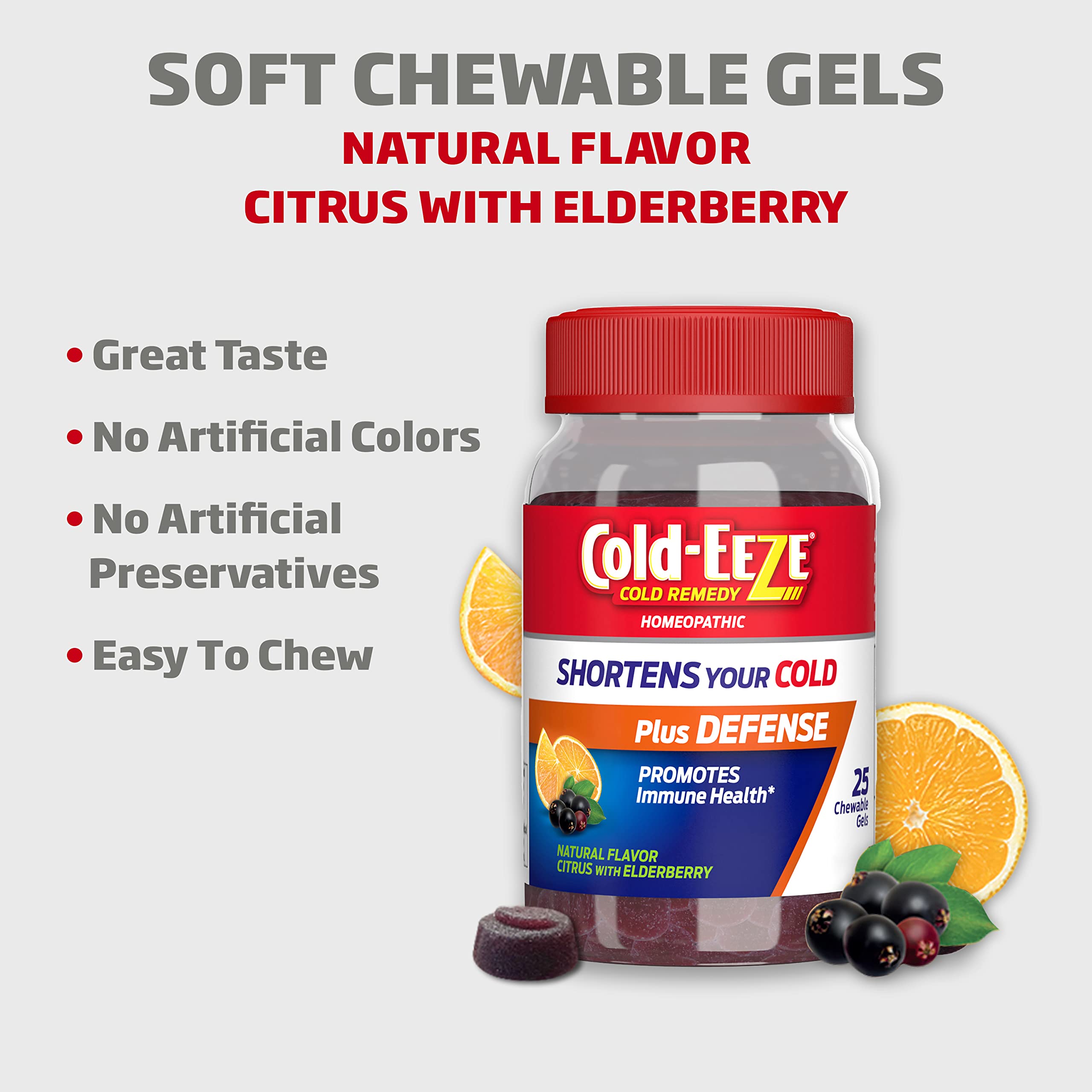 Cold-EEZE Plus Defense Natural Citrus & Elderberry Zinc Chewable Gels, Homeopathic Cold Remedy, Shortens Common Cold Symptoms, Promotes Immune Health with Sambucus Nigra, Echinacea & Rose Hips, 25 Ct