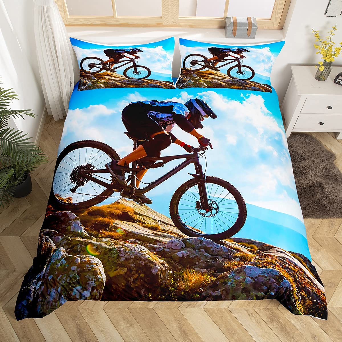 Loussiesd Mountain Bike Bedding Set Kids Boys Teens Extreme Sport Theme Duvet Cover 3D Dirt Bike Comforter Cover Bicycle Rider Bedspread Cover,Room Decor 2Pcs Bedding Single Size