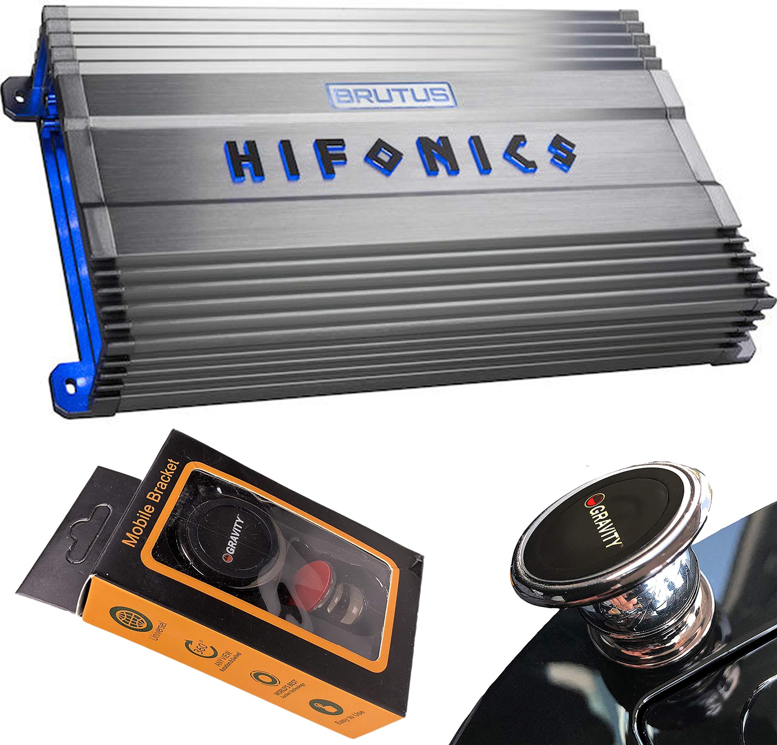 HifonicsBG-2200.1D 2200 Watts Brutus Gamma Mono Subwoofer Car Audio Amplifier with Gravity Magnet Phone Holder Bundle