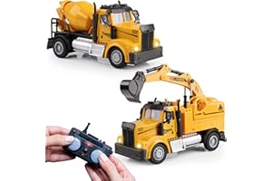 Force1 Mini Construction RC Trucks for Kids - 2 Pack Remote Control Toy Trucks Set with Mini Scoop RC Truck, Mini Cement Mixer Toy Truck 2.4GHz Remote Controls Bright LEDs and RC Toy Batteries Yellow