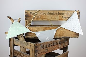 Mirio Premium Wimpelkette Kinder Deko Furs Madchen Jungen Kinderzimmer Stoff Girlande Fur Baby Geburtstag Handgemacht Aus 100 Baumwolle Beidseitige Muster 3 Wimpel Mint Grau Amazon De Baby
