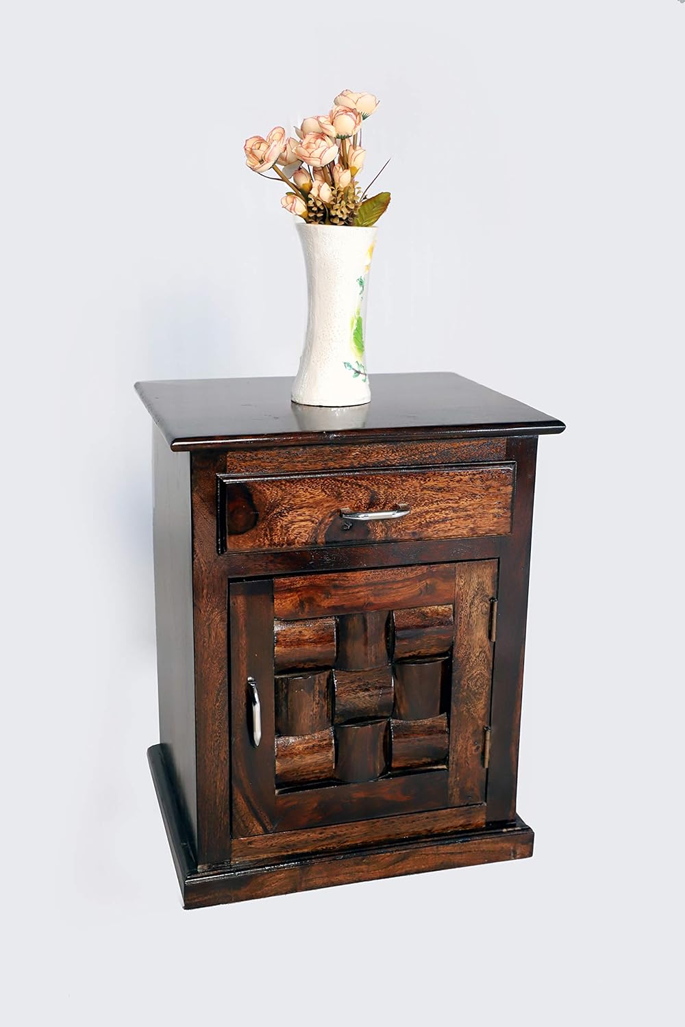 Santosha Decor Sheesham Wood Bedside Table with 1 Drawer and Cabinet Storage for Bedroom Walnut Finish