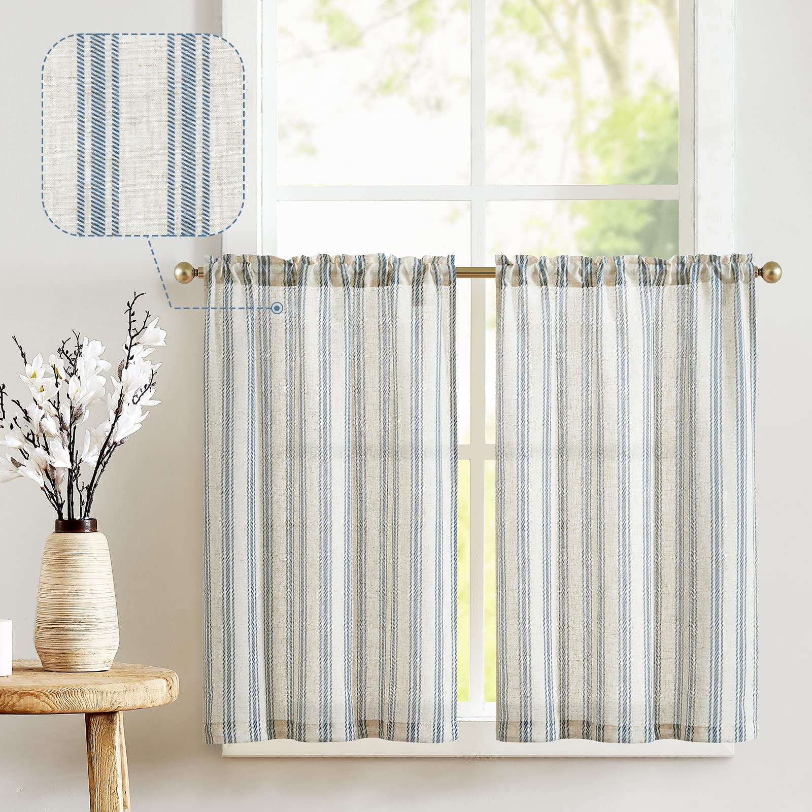 Photo 1 of jinchan Striped Linen Kitchen Curtains 36 Inch Cafe Tier Curtains Balanced Stripe Farmhouse Small Drapes for Bathroom Laundry Over Sink Half Window Light Filtering 2 Panels Blue on Beige