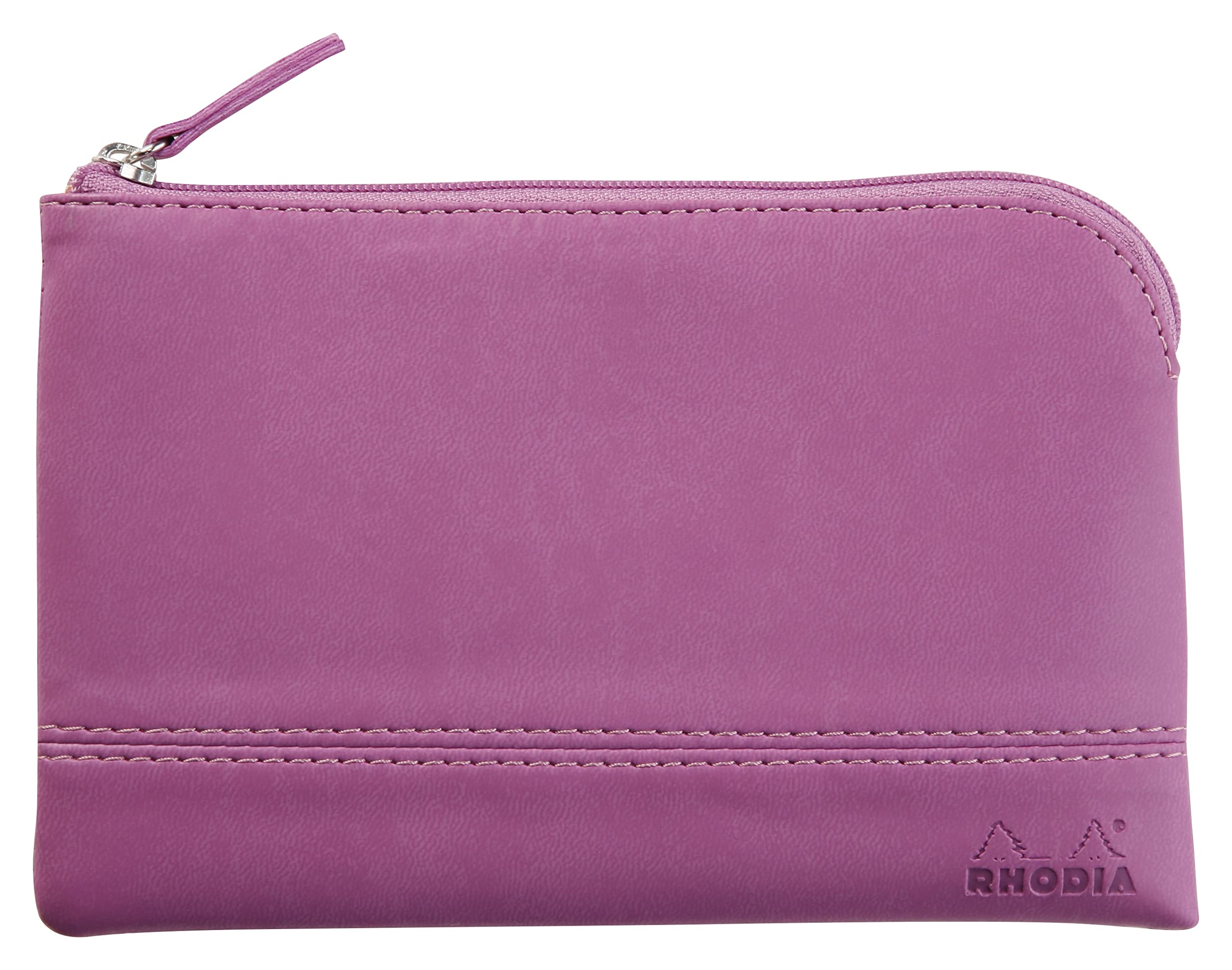 RHODIA 116541C - Faux Leather Zipped Pouch - Lilac - Size S (11 x 17 cm) - Genuine Stitching - Orange Fabric Inside - Storage for Documents, Small Supplies