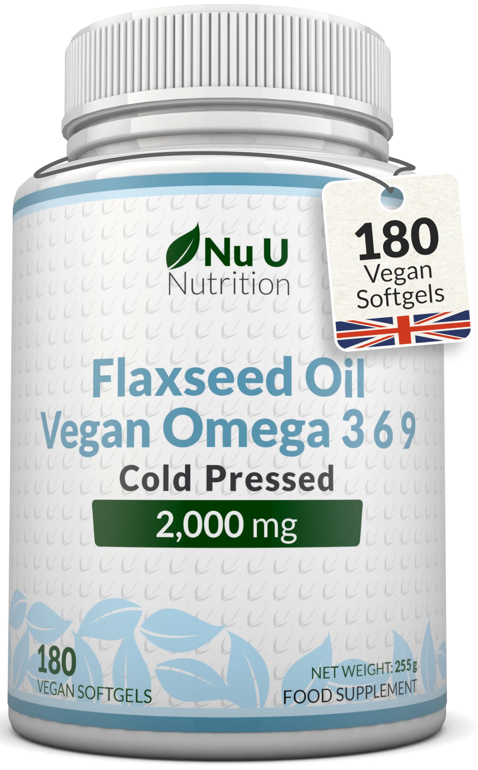 Nu U Nutrition - Flaxseed Oil Capsules 2000mg - 180 Vegan Softgels - Rich Source of Vegan Omega 3 6 9 - Cold Pressed - 3 Month Supply - Made in the UK