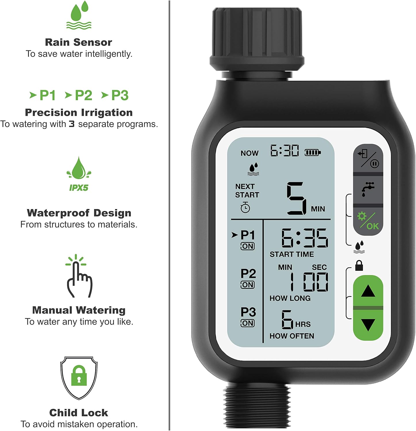 Kacsoo Hose Automatic Watering Timer, Irrigation Timer, Rain Sensor, 3 Separate Irrigation Programs, Large LCD, Upgrade Material, Faucet Digital Watering Timer for Garden Lawn Sprinkler: Home & Kitchen