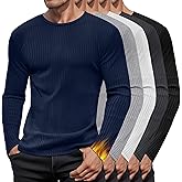 Baggyfly 5 Pack Men's Cotton Thermal Shirts Long Sleeve Ribbed Tops Crew Neck Slim Fit Sweater Casual Pullover Undershirts