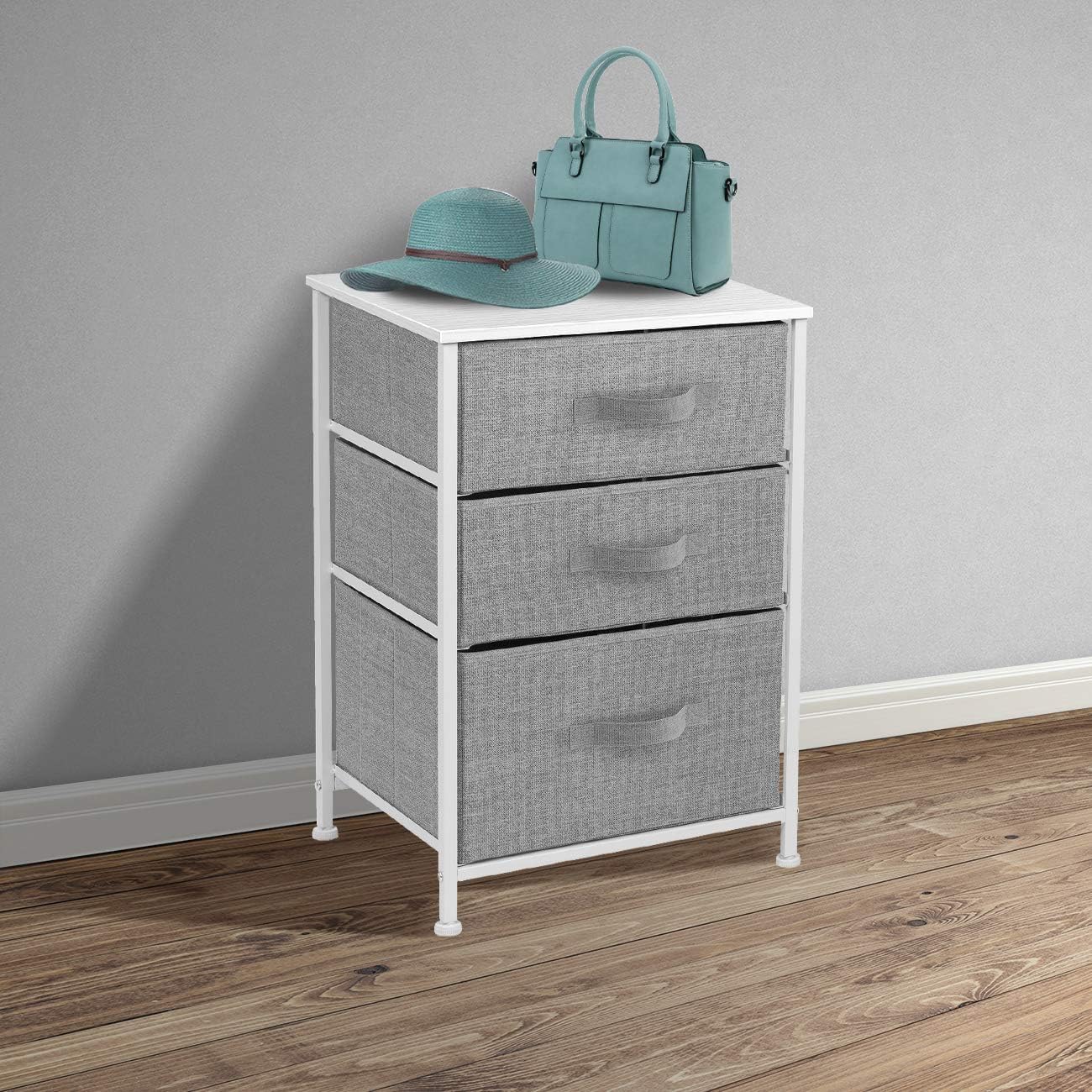 Sorbus Nightstand with 3 Drawers - Bedside Furniture & Accent End Table Chest for Home, Bedroom Accessories, Office, College Dorm, Steel Frame, Wood Top, Easy Pull Fabric Bins (White/Gray): Kitchen & Dining