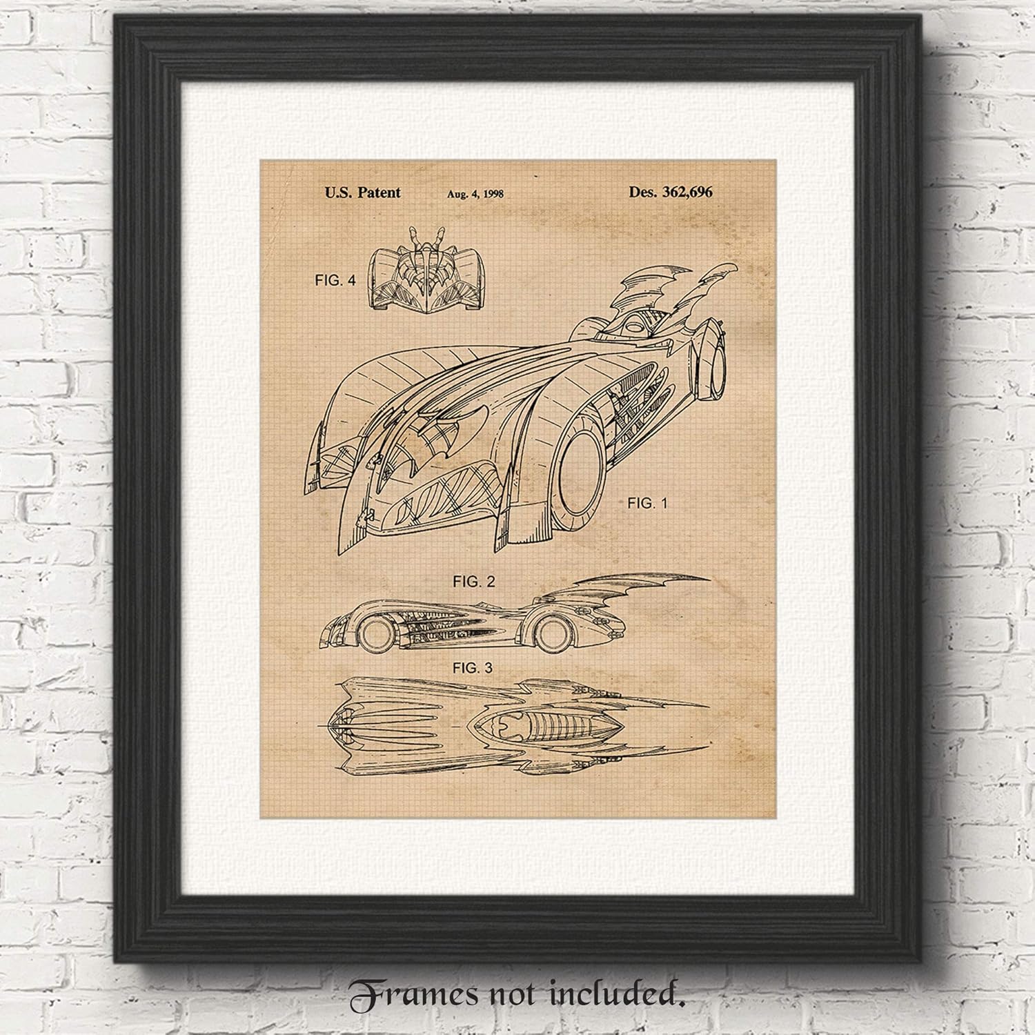 Vintage Batman Batmobile 1998 Patent Poster Prints, Set of 1 (11x14) Unframed Photo, Wall Art Decor Gifts Under 15 for Home, Office, Garage, Man Cave, College Student, Teacher, Comic-Con & Movies Fan