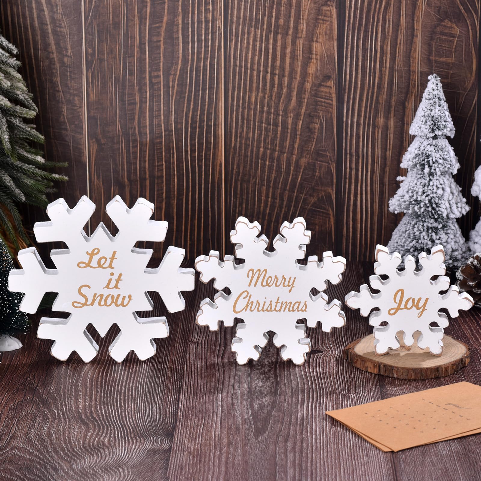 Photo 1 of 3-Pack Wooden Snowflake Decor Signs, Merry Christmas Table Decor, Winter Home Decorations with Heartwarming Quotes, Snowflake Festive Tabletop Christmas Decorations for Tiered Tray Fireplace (white)