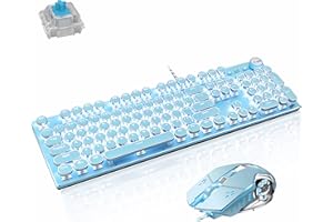 Basaltech Mechanical Gaming Keyboard and Mouse Combo, Retro Steampunk Vintage Typewriter-Style Keyboard with LED Backlit, 104-Key Anti-Ghosting Blue Switch Wired USB Metal Panel Round Keycaps, Blue
