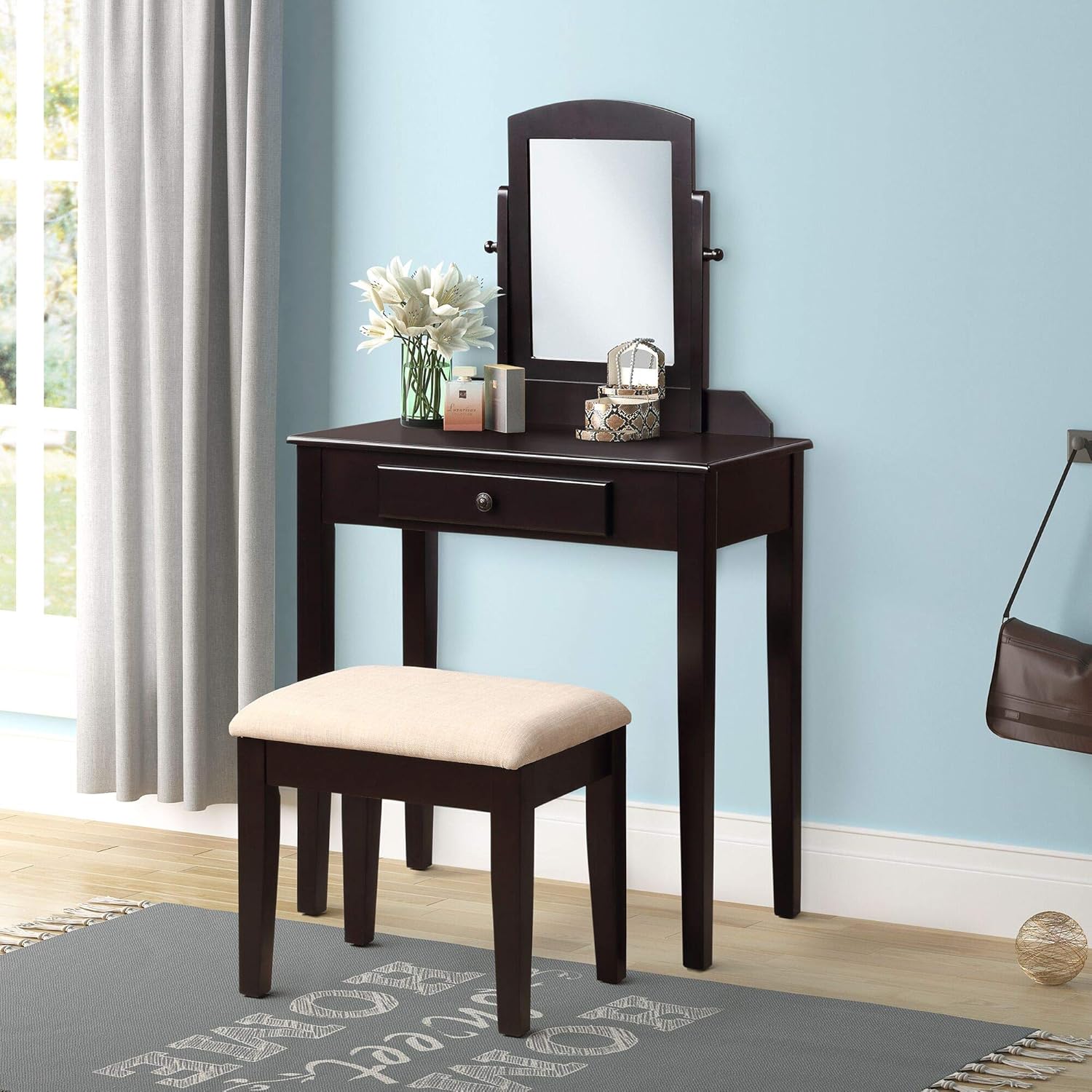 FLIEKS 3 PC Vanity Makeup Table Set with Mirror & Cushioned