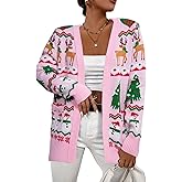 Ugly Christmas Cardigan Sweaters Women: Xmas Knit Sweater Cardigans Oversized Open Front Outerwear with Pockets Pink