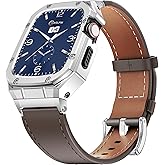 HASLFM Stainless Steel Case and Leather Band Compatible with Apple Watch 45mm for Men,Genuine Leather Apple Watch Strap and Metal Cover for iWatch Series 9 8 7,Coffee/Silver