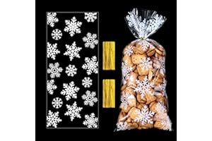 JMANNI Christmas Cellophane Treat Bags,120 Pieces Winter Snowflake Bags Cellophane Holiday Treat Bags Snowflake Cookie Cellophane Bags With Ribbon for Winter Holiday Party Supplies