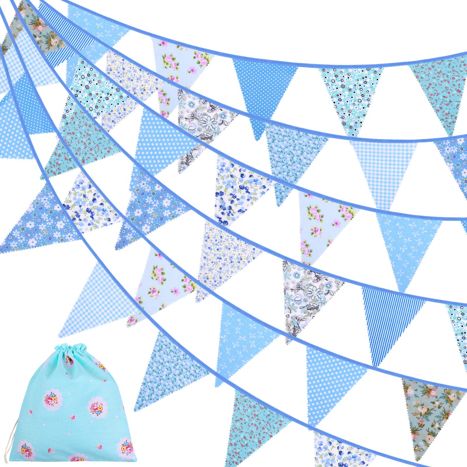 ADXCO 41 Feet Fabric Bunting Banner Vintage Bunting Flag 42 Pieces Floral Pennants Triangle Flags Cloth Garland for Birthday Wedding Party Home Garden Baby Shower Decor, Blue