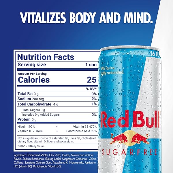RED BULL SUGAR FREE ENERGY DRINK WITH 151MG CAFFEINE PLUS TAURINE & B VITAMINS, 16 FL OZ, PACK OF 12 CANS