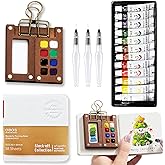 MUZMDNI Mini Watercolor Paint Set Portable, Travel Grid Paint Palette Box with Binder Clips Include Paint, Brush*3 and Picture Album Art Materials Coloring Markers for Travel, Creative Drawing Kit for Beginners and Art Enthusiasts(Brown Wood-S)
