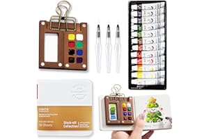 MUZMDNI Mini Watercolor Paint Set Portable, Travel Grid Paint Palette Box with Binder Clips Include Paint, Brush*3 and Picture Album Art Materials Coloring Markers (Brown Wood-S)