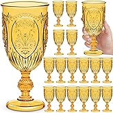 Wiwiqing 18 Pack Plastic Goblets 10oz Upgrade Vintage Water Goblet Plastic Wine Glasses Colored Retro Embossed Glassware for Party Wine Bar Juice Baby Shower Wedding Reception Grand (Amber)