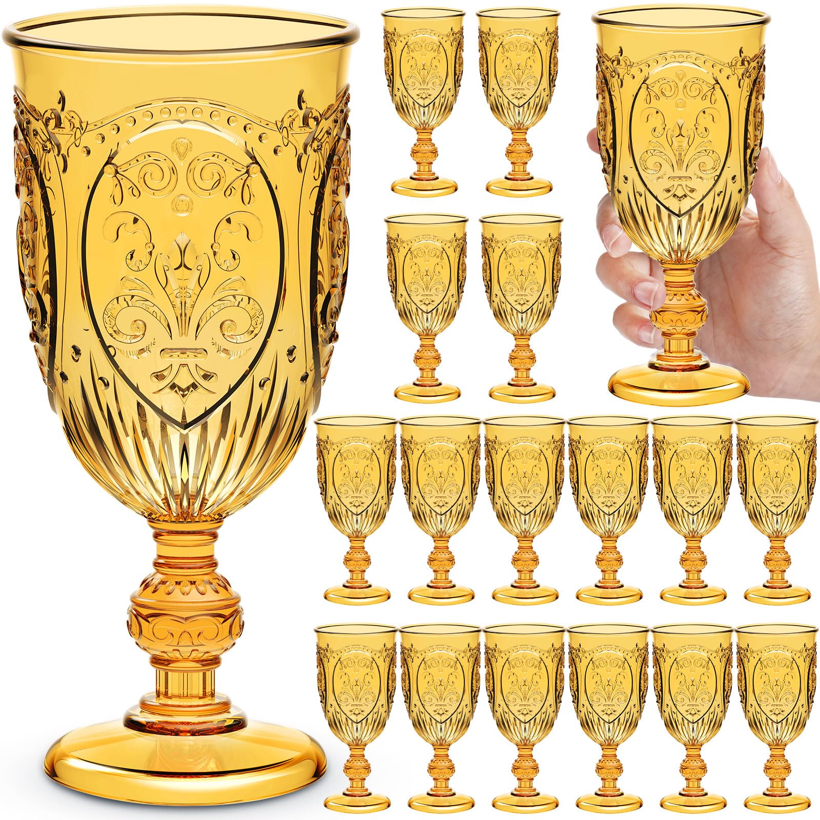 Photo 1 of Wiwiqing 18 Pack Plastic Goblets 10oz Upgrade Vintage Water Goblet Plastic Wine Glasses Colored Retro Embossed Glassware for Party Wine Bar Juice Baby Shower Wedding Reception Grand (Amber)