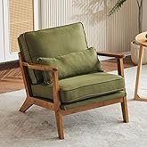 Karl home Mid-Century Lounge Accent Chair, Green | Wide Curved Armrest, Linen Fabric, Lumbar Pillow Included, Solid Wood Fram