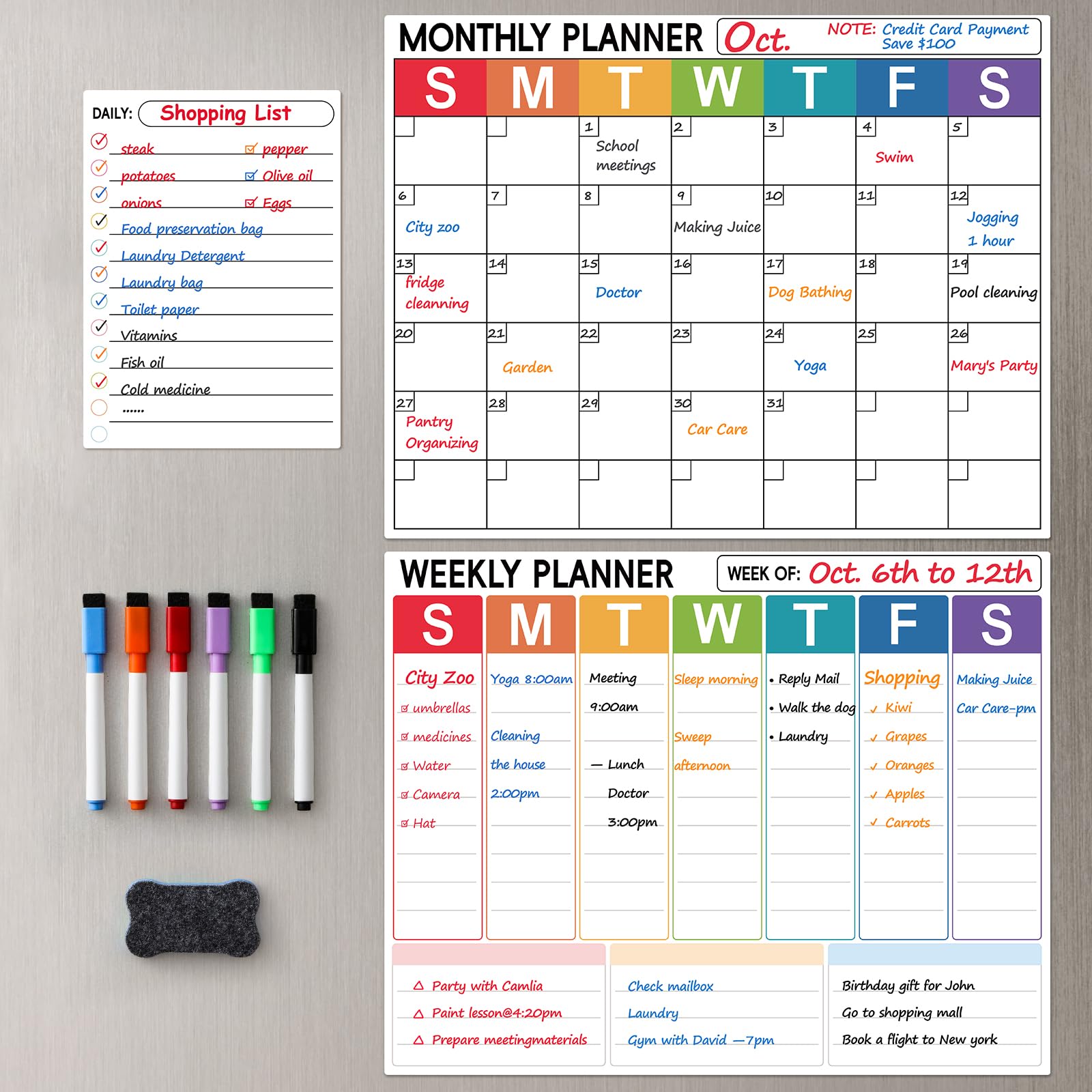 Photo 1 of 3 Pack Dry Erase Magnetic Calendar for Refrigerator - Monthly & Weekly & Daily Planner Magnet Whiteboard for Fridge Wall - Shopping, Meal/Menu, to Do List, Family Schedule Planning Board (9CO-3RIZH)