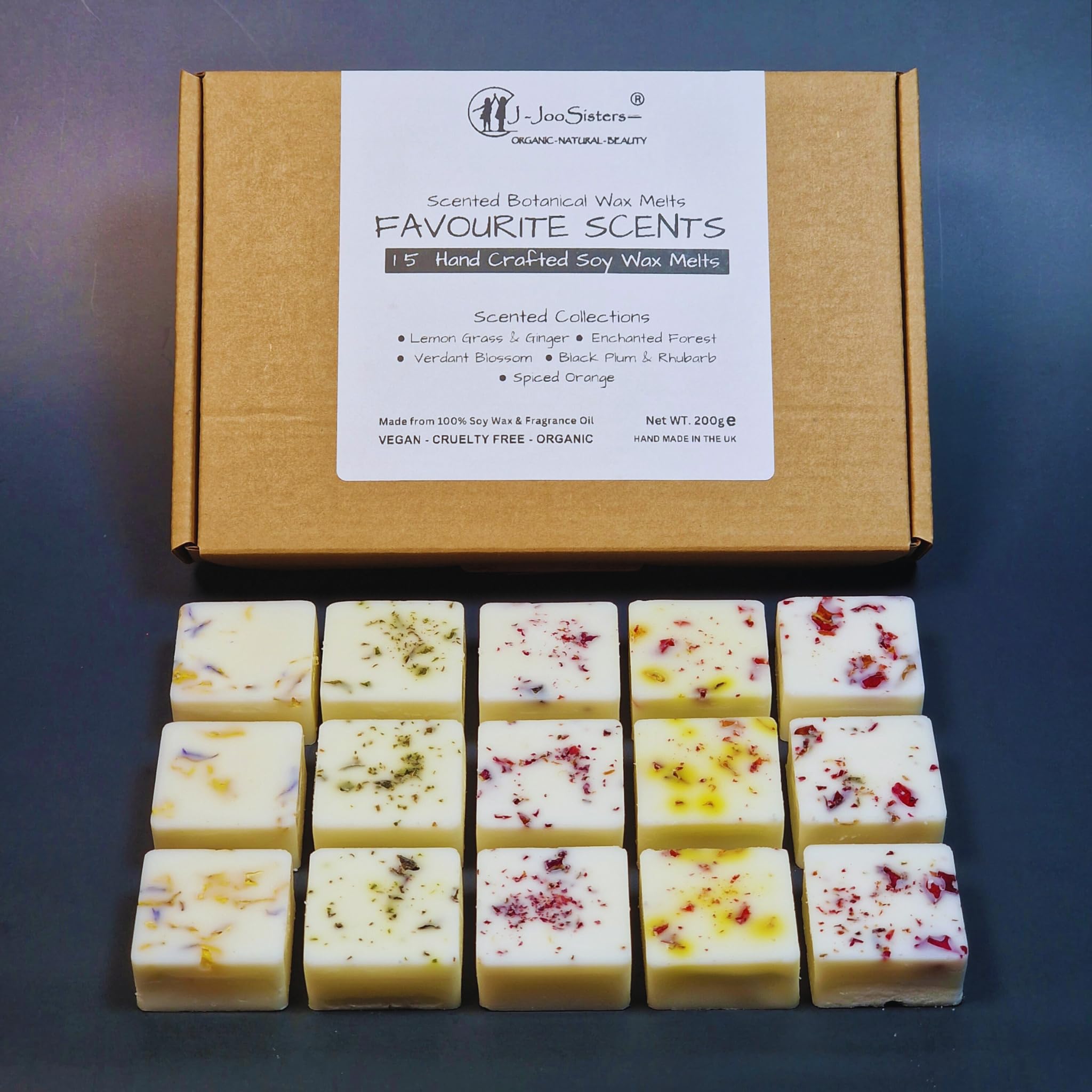 Favourite Scents - Highly Scented Botanical Wax Melts Collections (15 x 13.5g Hand Crafted) - Vegan Friendly & Cruelty Free - Plastic Free - Provide 8 to 10hrs scents/cube - Made in the UK