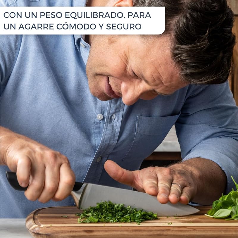 Jamie Oliver - Conjunto de 4 facas: Santoku 16,5 cm, Chef 15 cm, Universal 12 cm e Peeler 9 cm, Aço Inoxidável, Endurecida a Gelo -120°C, Corte Preciso, Cabo Robusto, Design Durável