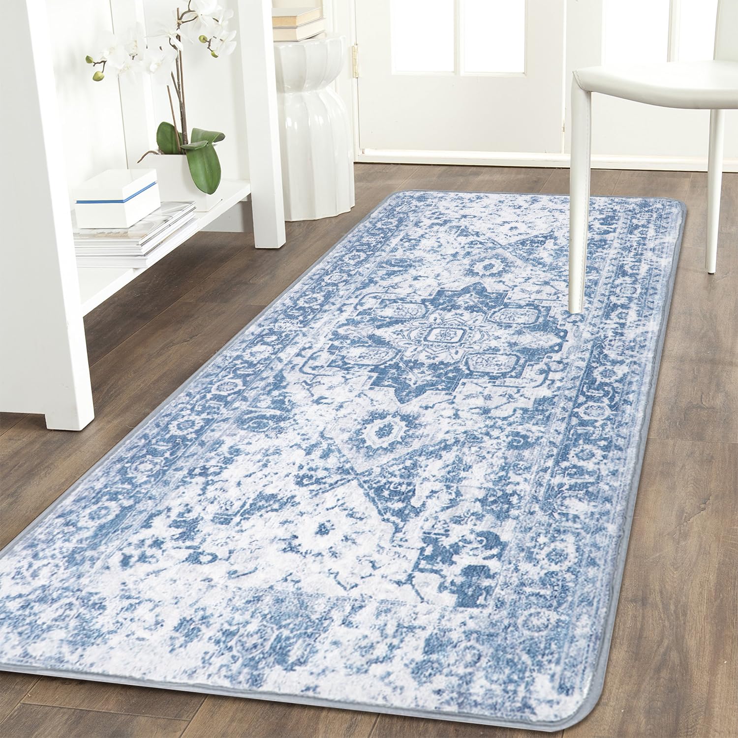 Famibay Hallway Runner Non Slip Runner Rugs for Hallway 60x120cm Washable Blue Vintage Kitchen Hall Carpet Floor Rugs for Entryways Bedroom Laundry