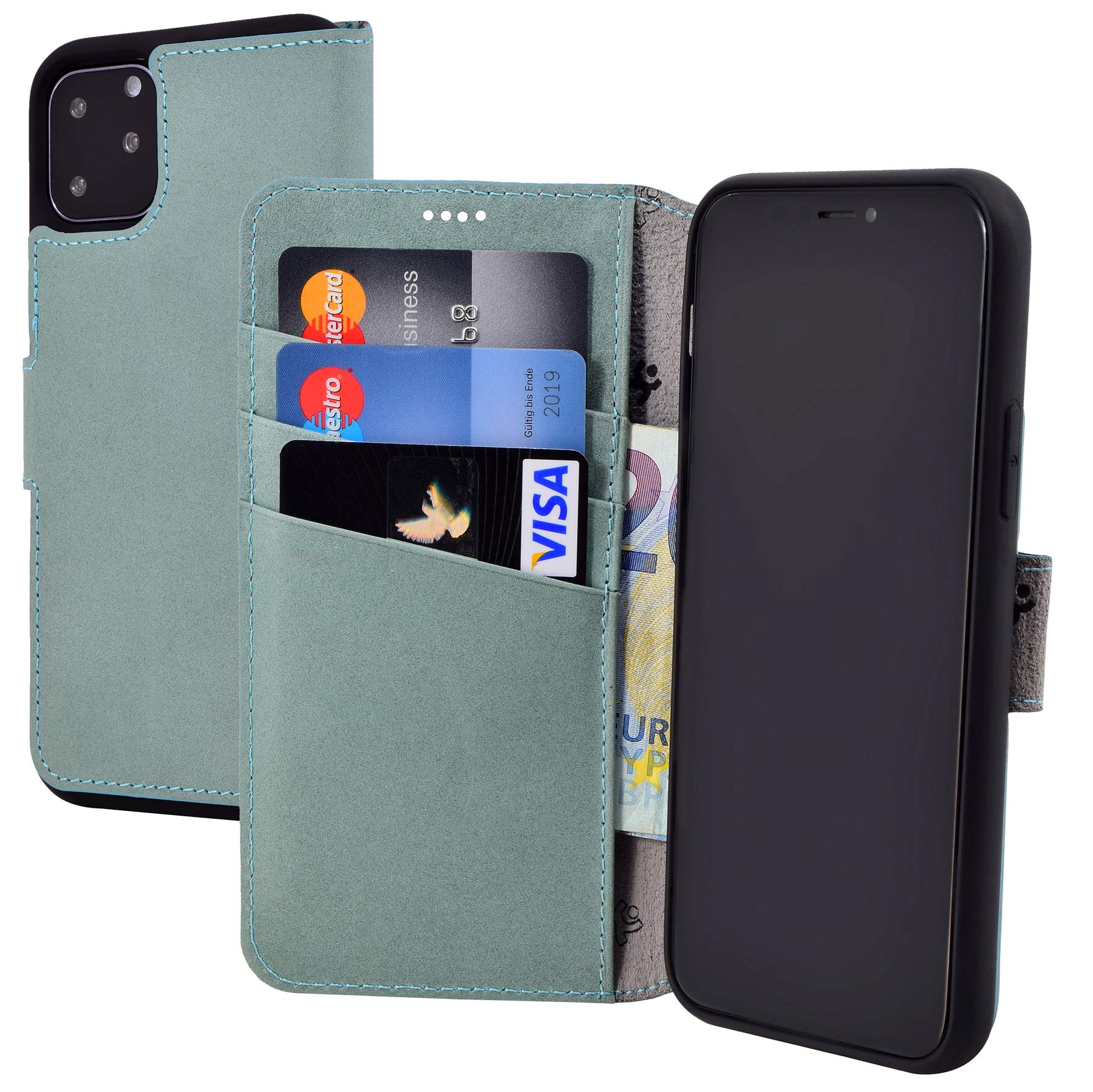Suncase Book-style case compatible with iPhone 11 Pro Max (6.5 inch) leather case (slim fit) leather mobile phone case protective case with 3 card slots in antique turquoise