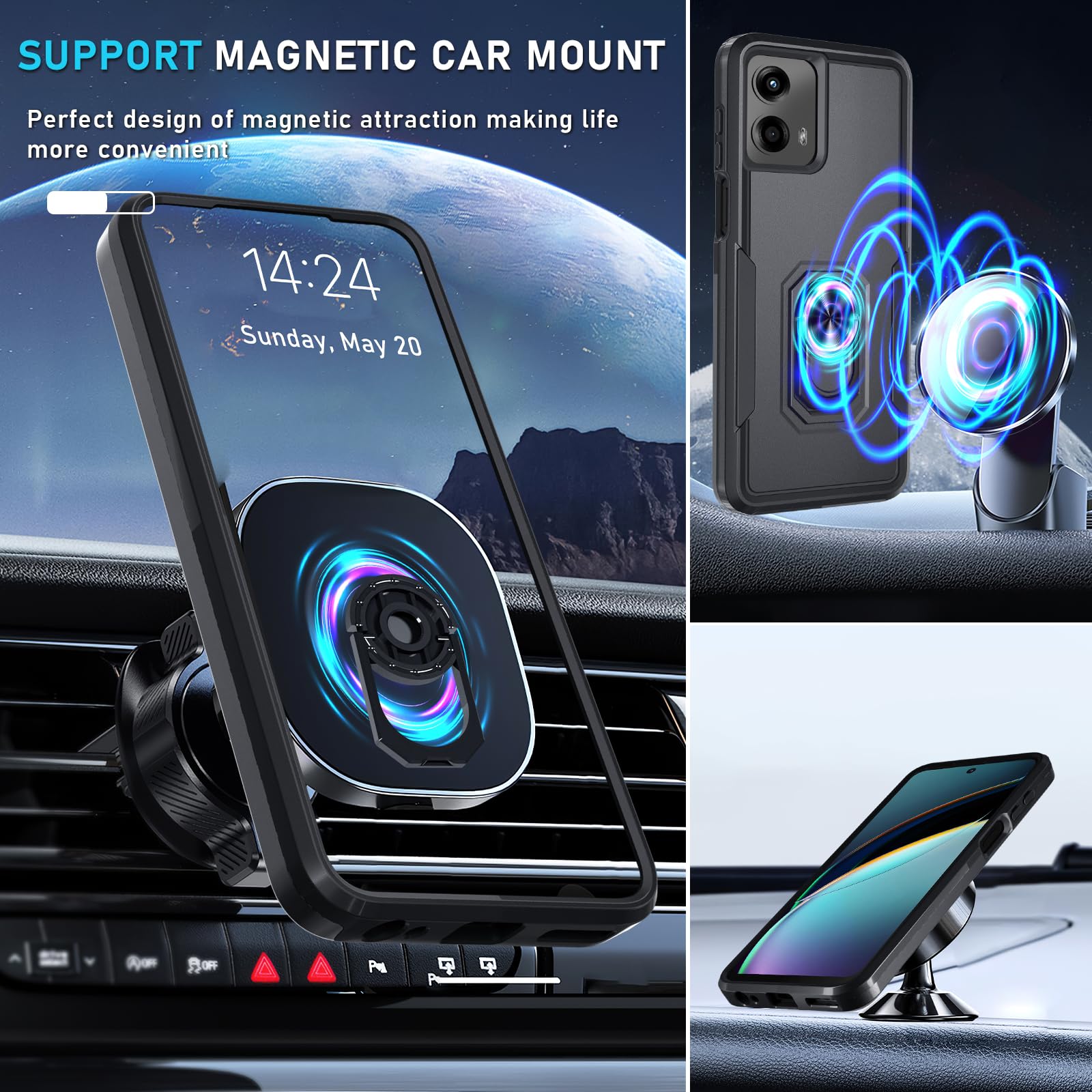 Janmitta Compatible with Moto G 5G 2024 Case with Screen Protector,Heavy Duty Shockproof Full Body Protective Cover Built in Rotatable Metal Ring Holder Kickstand,Black Matte