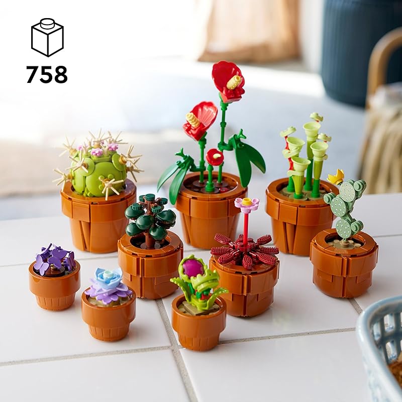 10329 Icons Mini Pflanzen, 9 künstliche Blumen zum Bauen, Botanical Collection Sammel-Set für Erwachsene mit baubarem Terrakotta-Topf, Wohndeko, Geschenk für Frauen und Männer
