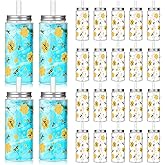 Baderke 12 Pcs Hawaiian Plastic Cups with Lids and Straws 13.5 oz Tropical Luau Clear Drinking Cup for Whiskey Soda Tea Juice Smoothies Coffee Milk Beach Birthday Party Supplies (Bee)