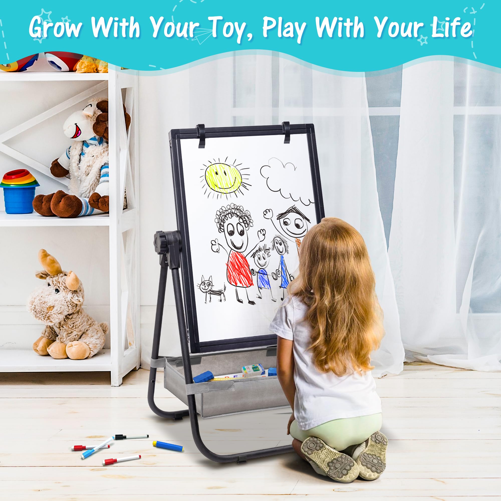 WEYOUNG Kids Easel for Toddlers, Adjustable Standingg Metal Toddler Whiteboard & Chalkboard, Magnetic Art Easel for Kids Age 2-4 4-8 9-12, Black