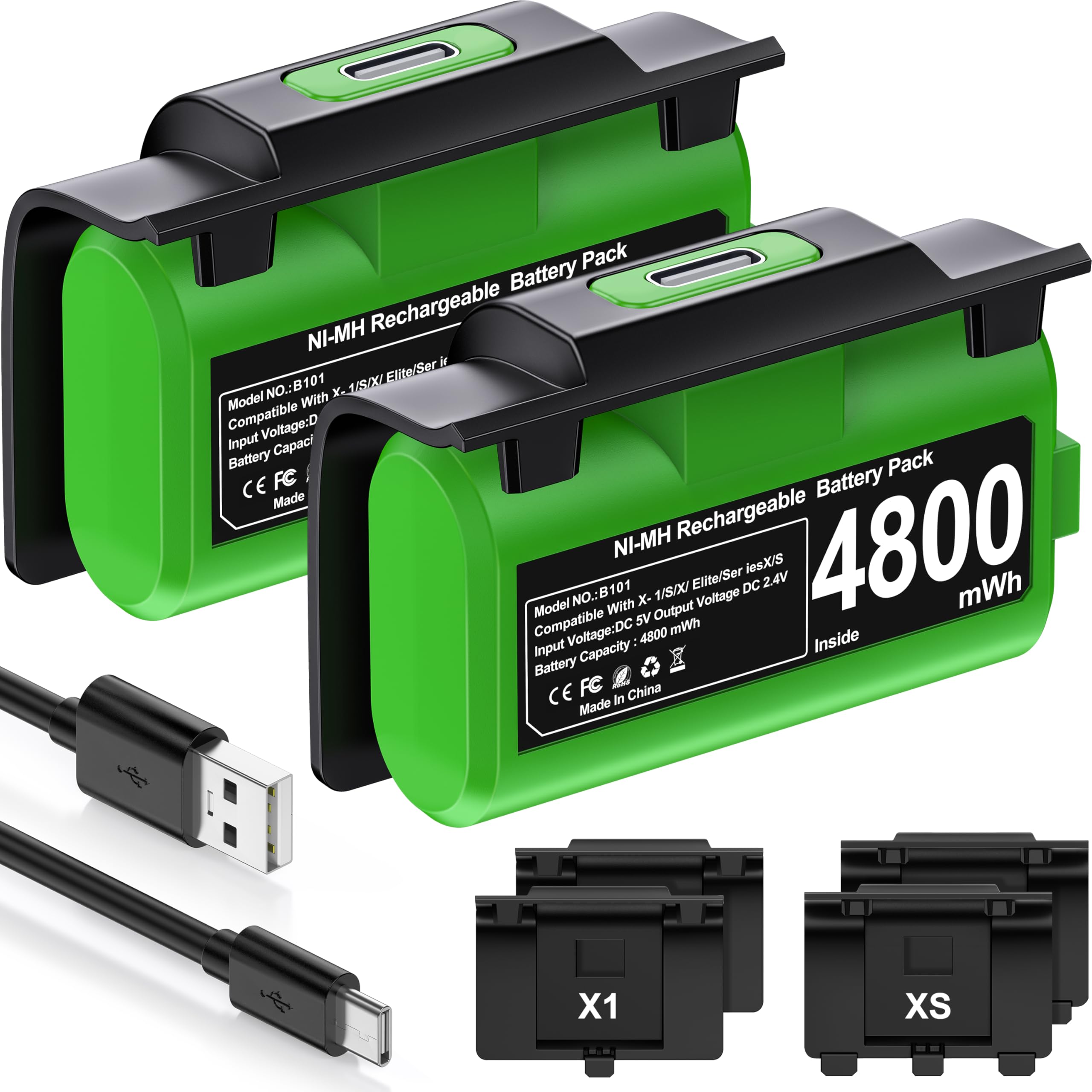 DINOSTRIKE Rechargeable Battery Pack for Xbox One and Xbox Series X|S Controllers with 4 Back Covers Faceplates and a USB C Cable, 2x4800mWh Fast Charging Xbox Controller Battery Play and Charge kit