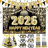 2026 New Years Eve Party Supplies Set, Large Happy New Year 2026 Background Banner, Party Cone Hats, Welcome 2026 Banner, 2026 New Years Eyeglasses and Party Blowers
