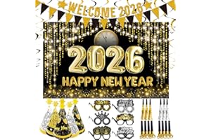 LECONCES 2026 New Years Eve Party Supplies Set, Large Happy New Year 2026 Background Banner, Party Cone Hats, Welcome 2026 Banner, 2026 New Years Eyeglasses and Party Blowers