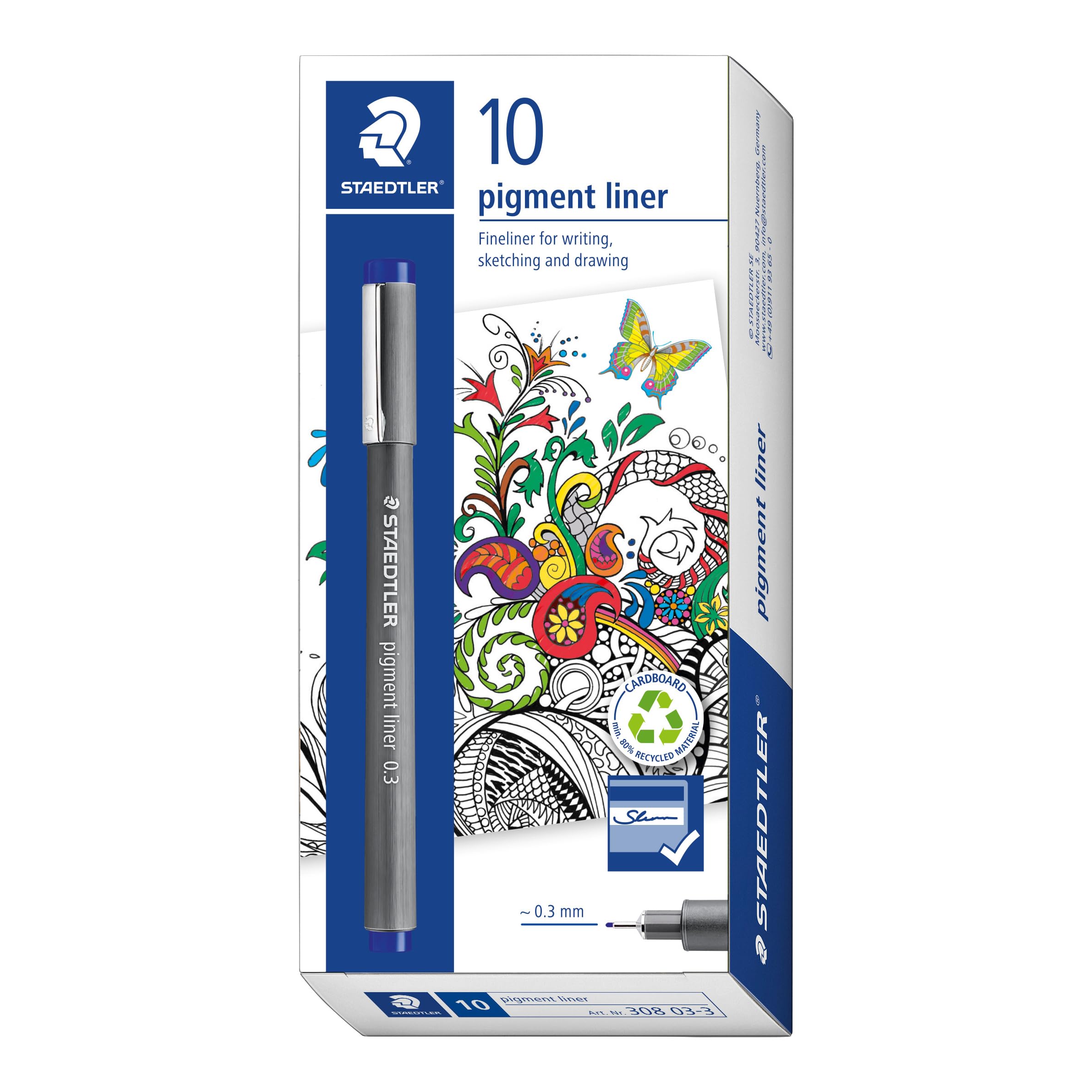 STAEDTLER 308 03-3 Pigment Liner Fineliner Pen for Writing & Technical Drawing - Blue, 0.3mm (Box of 10)