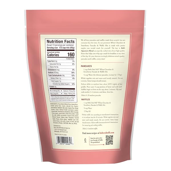 BOB’S RED MILL WHITE CHOCOLATE & STRAWBERRY PANCAKE/WAFFLE MIX, 20 OUNCE (PACK OF 1) – JUST ADD WATER, MAKES 32-40 PANCAKES PER BAG