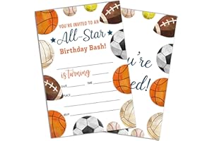 SAHJZK Sports Style Fill-In Birthday Invites(4"x6"), All Star Birthday Invitations with Envelopes(20-Pack), Birthday Party Supplies for Boys & Girls, Teen, Kids-A02