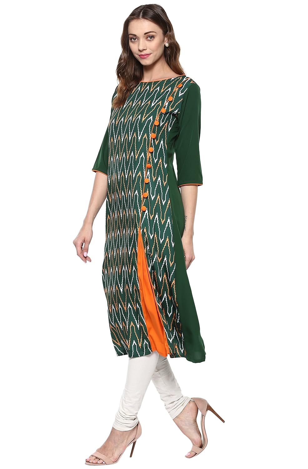 janasya women's green embellished crepe a-line kurti